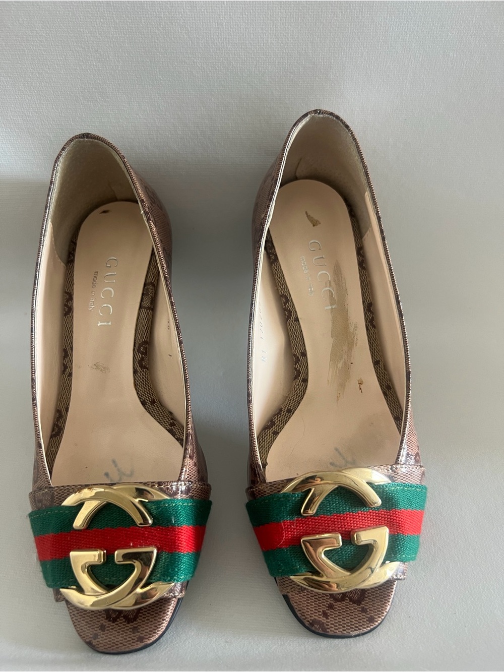 Gucci Brown Leather Flats with Green and Red Web & Gold GG